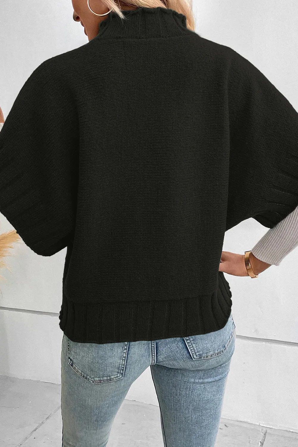 Black Mock Neck Batwing Sleeve Knit Sweater