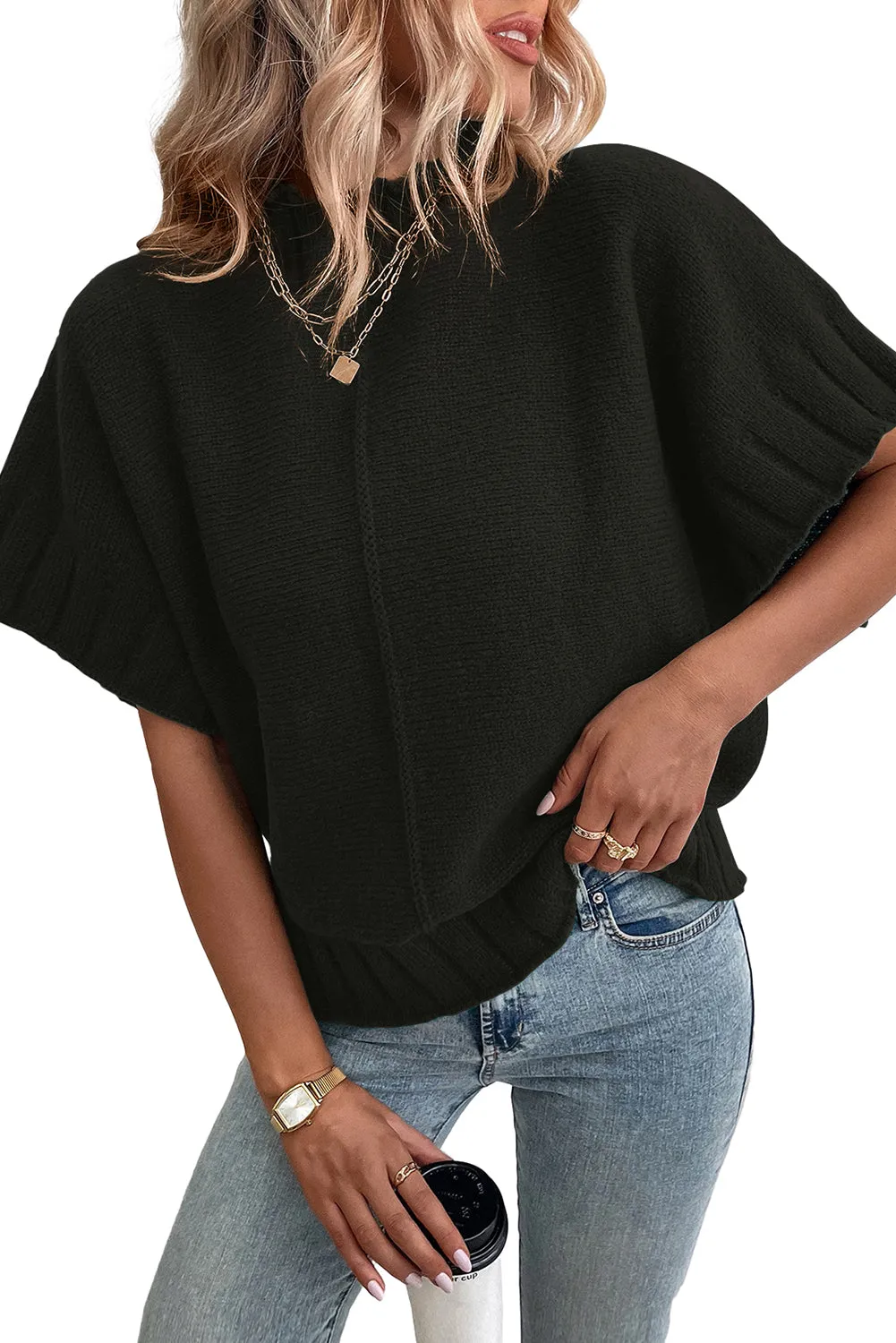 Black Mock Neck Batwing Sleeve Knit Sweater