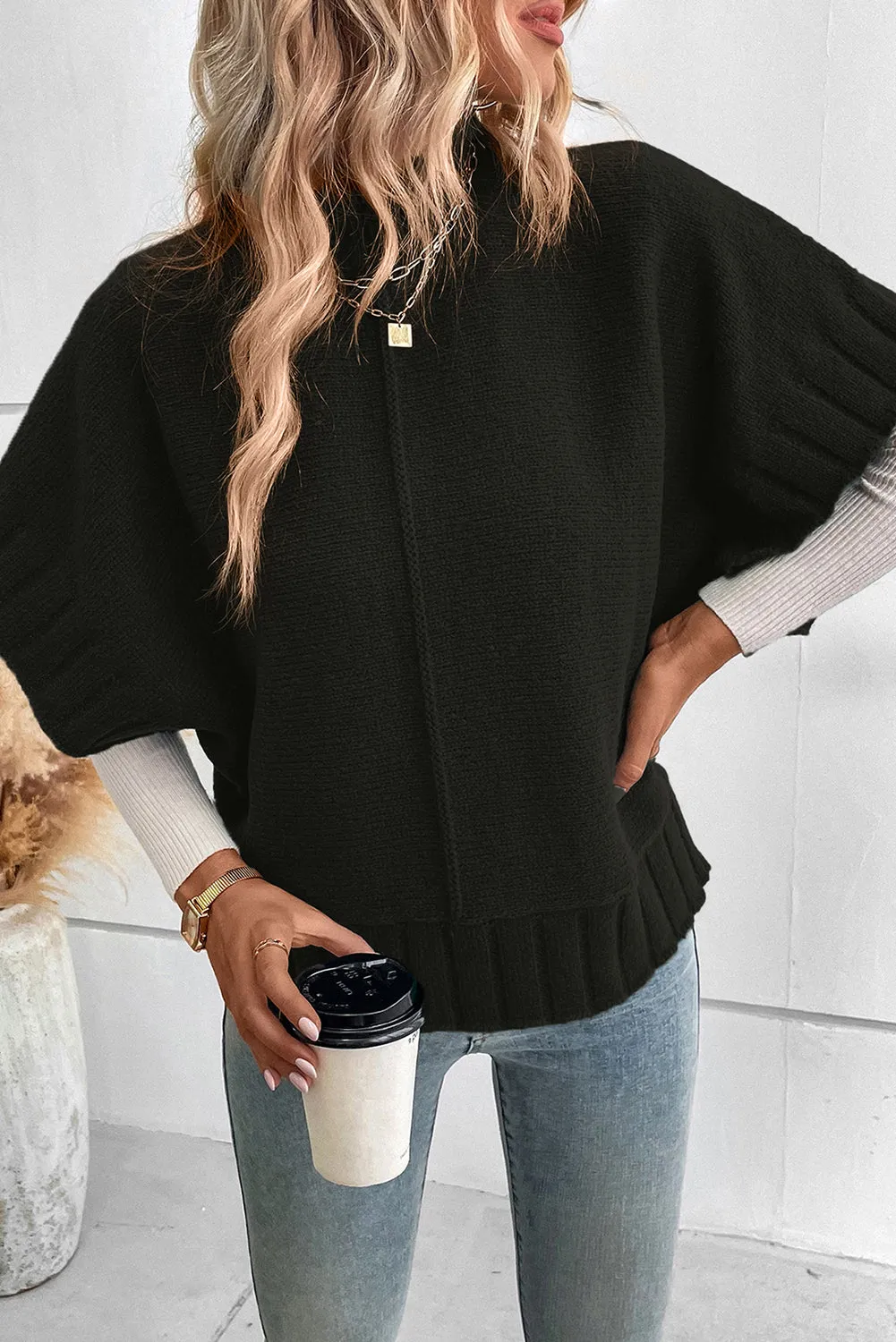 Black Mock Neck Batwing Sleeve Knit Sweater