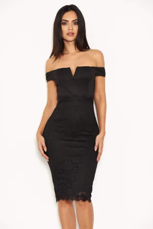Black Notch Front Lace Detail Midi Dress