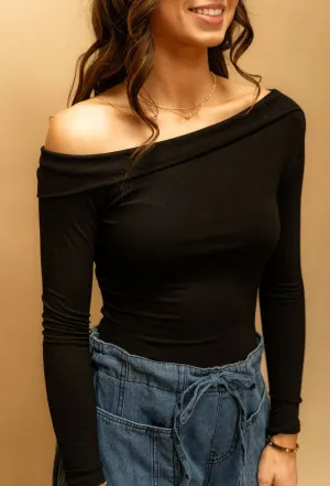 Black Off Shoulder Fitted Knit Bodysuit IT4668