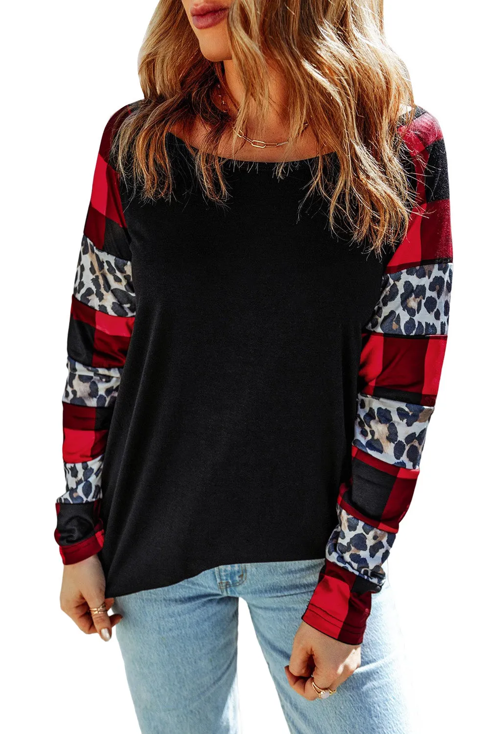 Black Off Shoulder Plaid&Leopard Print Long Sleeve Top