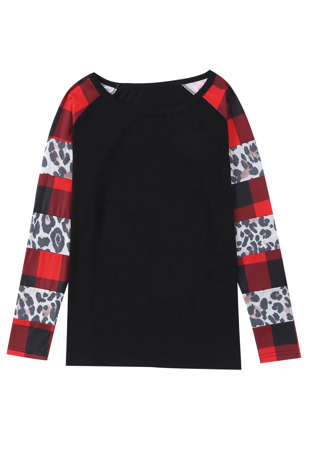Black Off Shoulder Plaid&Leopard Print Long Sleeve Top