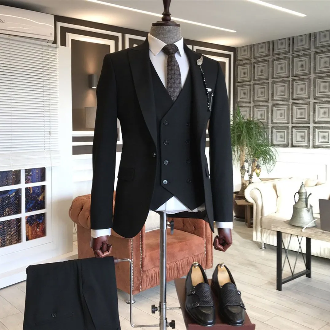 Black Peaked Lapel Classy Slim Fit Men Suits