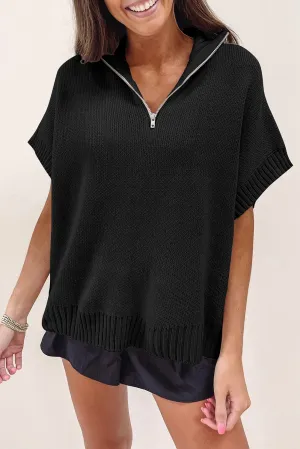 Black Quarter Zip Short Batwing Sleeve Sweater