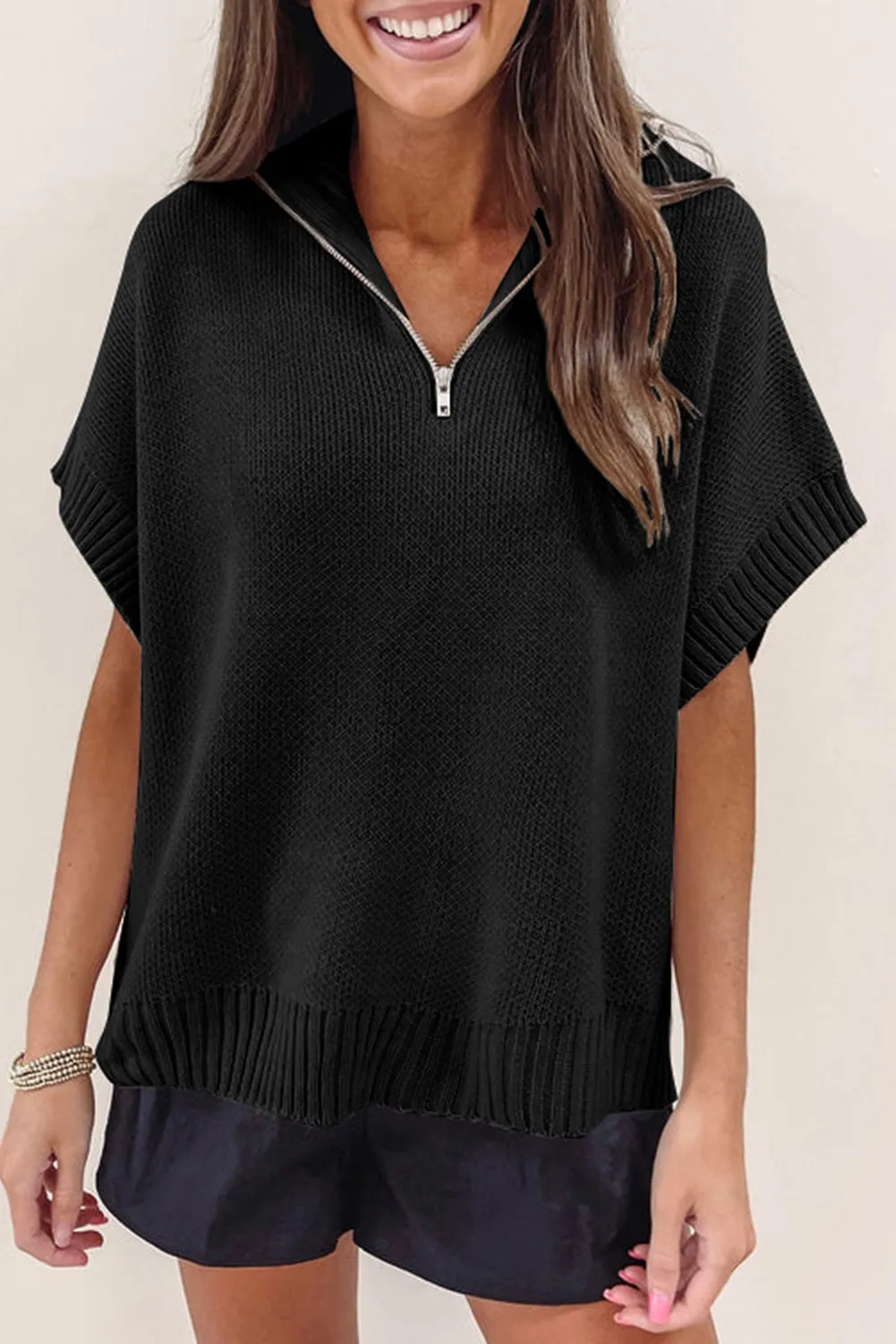 Black Quarter Zip Short Batwing Sleeve Sweater