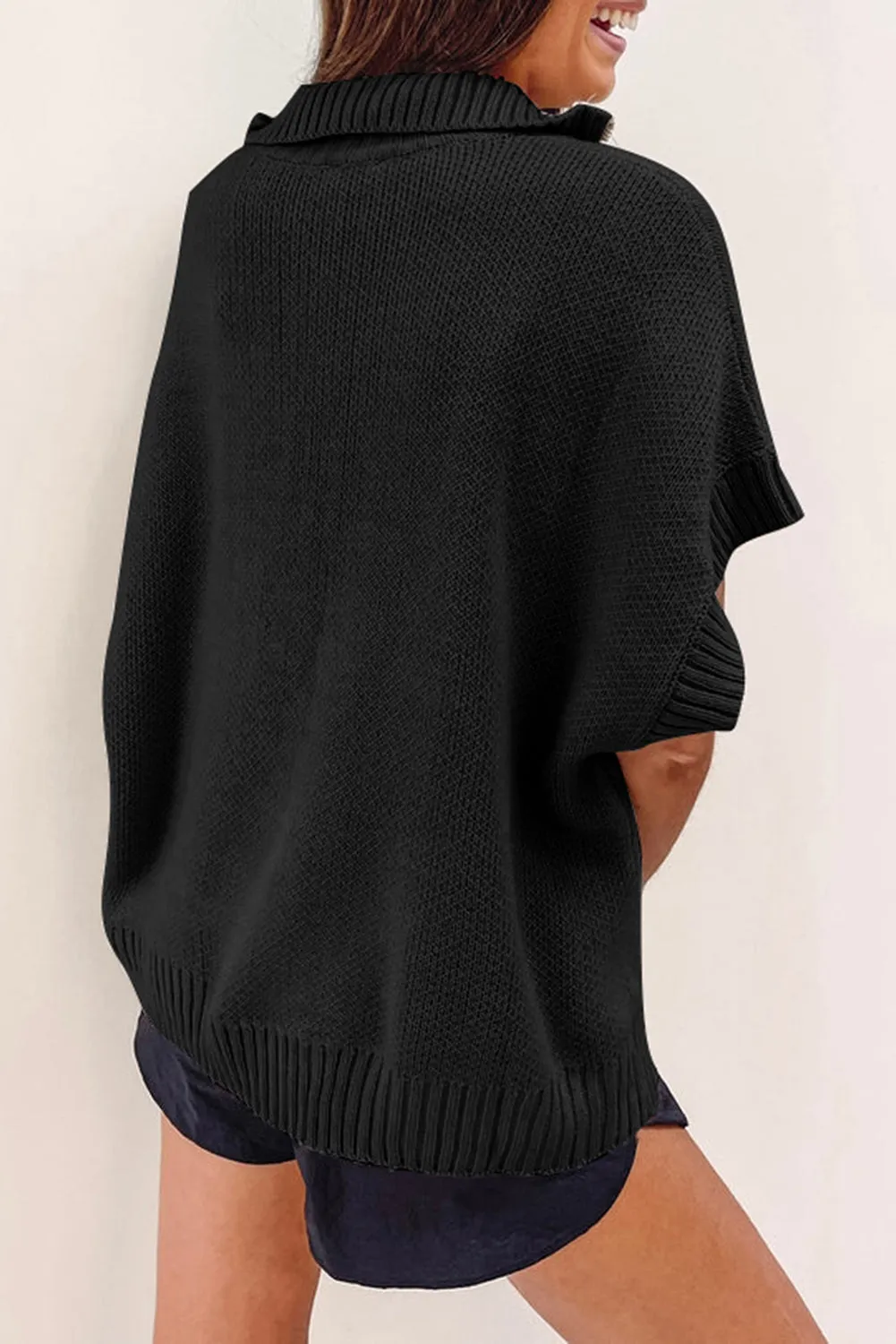 Black Quarter Zip Short Batwing Sleeve Sweater