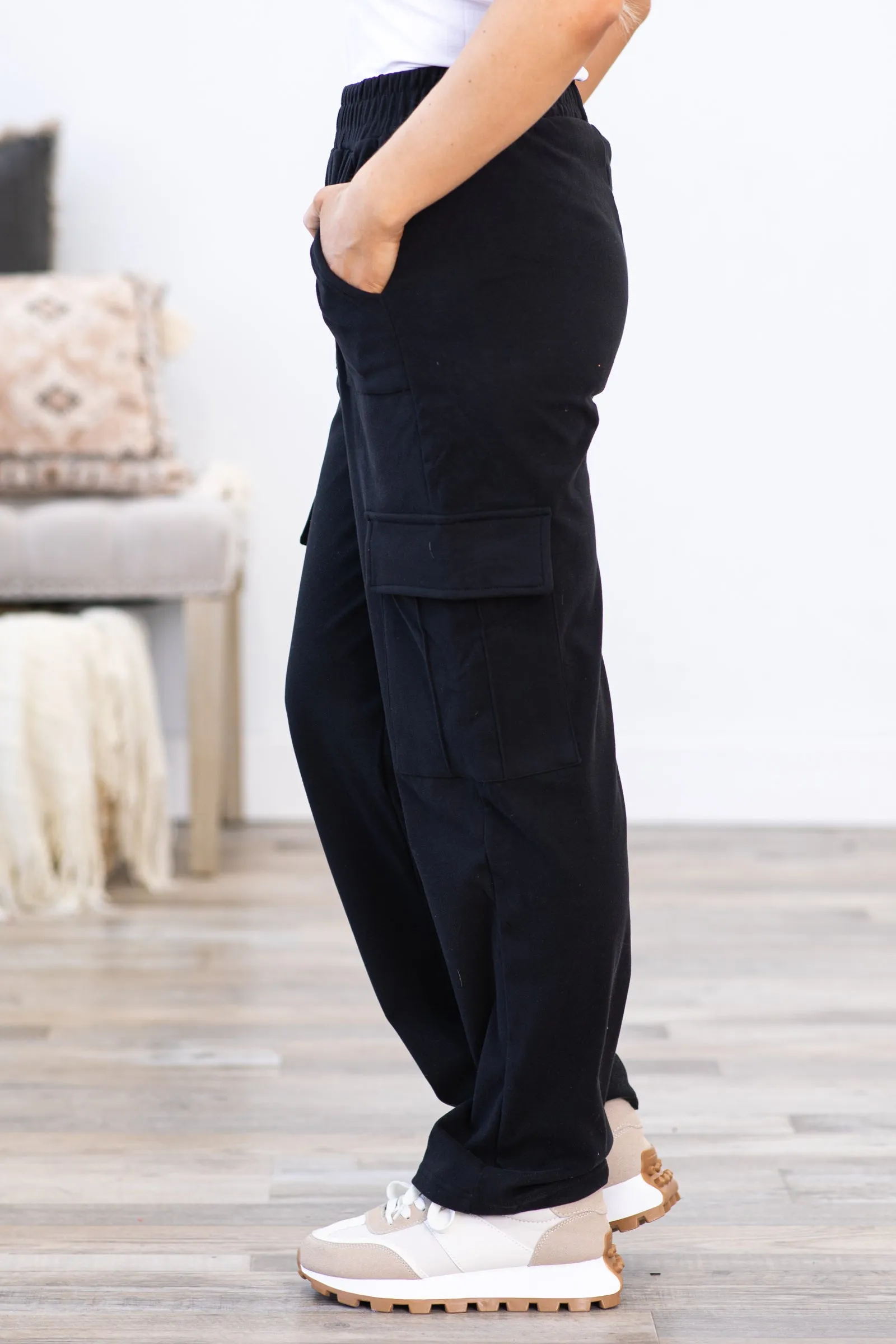Black Soft Cargo Elastic Waistband Pants