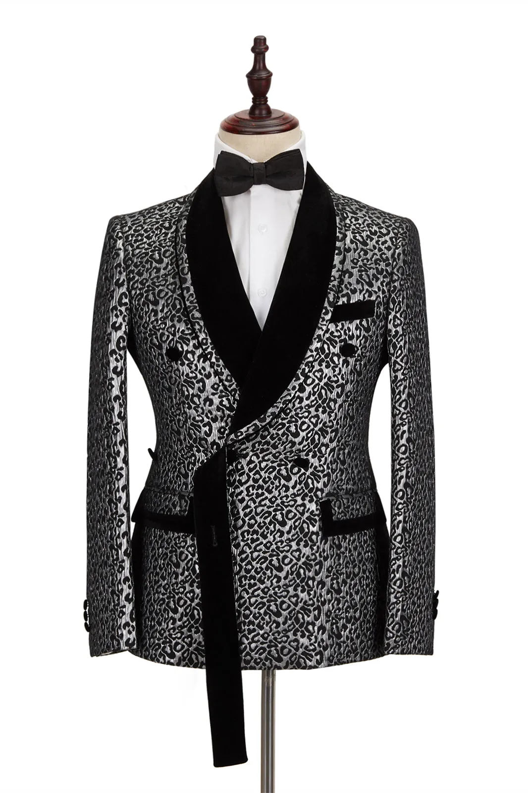 Black Stitching Silver Leopard Jacquard Men Suit Shawl Lapel Double Breasted Wedding Suit for Formal