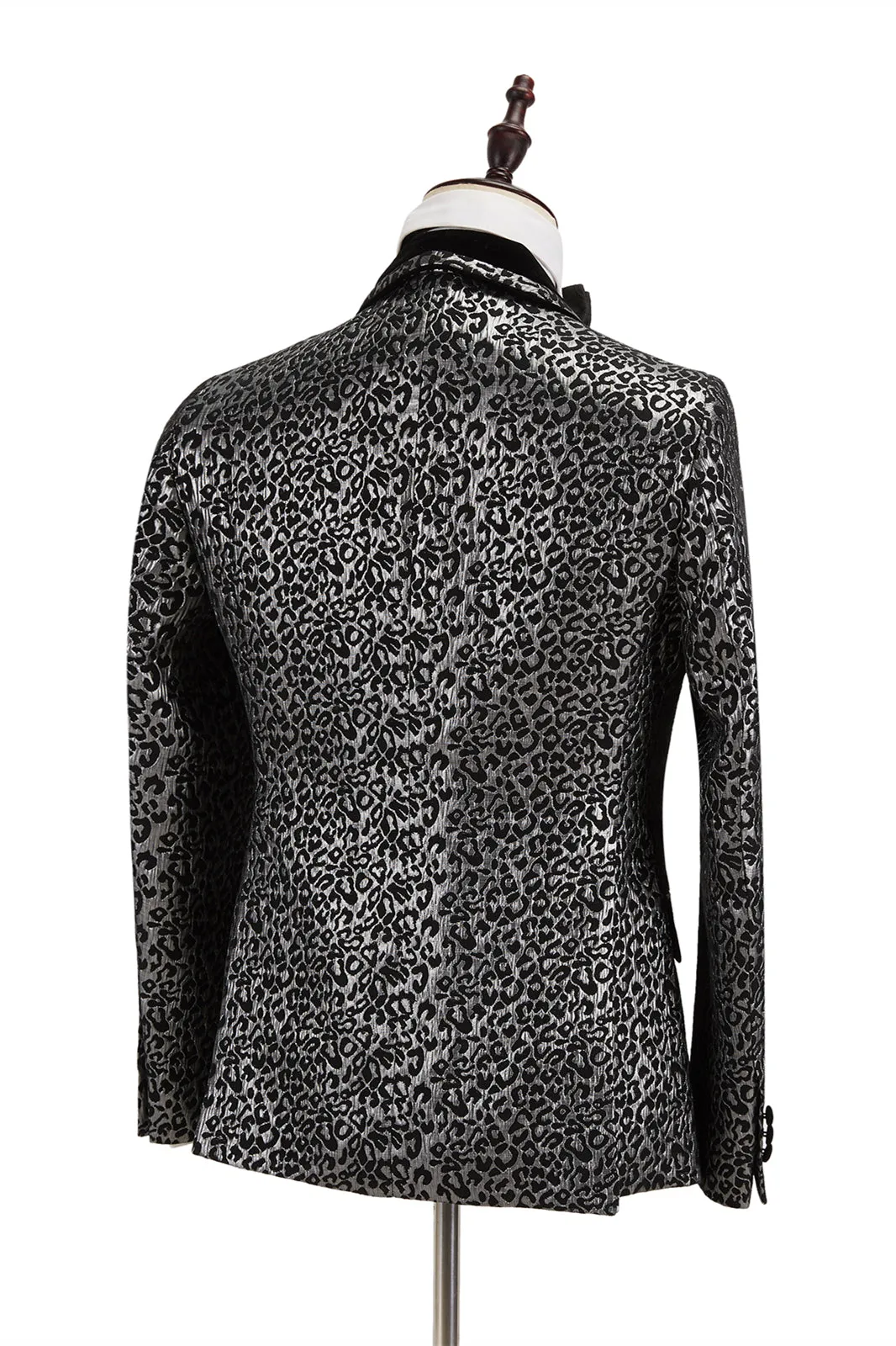 Black Stitching Silver Leopard Jacquard Men Suit Shawl Lapel Double Breasted Wedding Suit for Formal