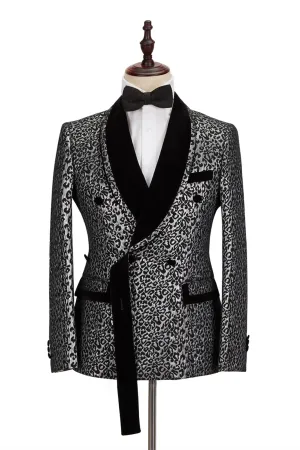 Black Stitching Silver Leopard Jacquard Men Suit Shawl Lapel Double Breasted Wedding Suit for Formal