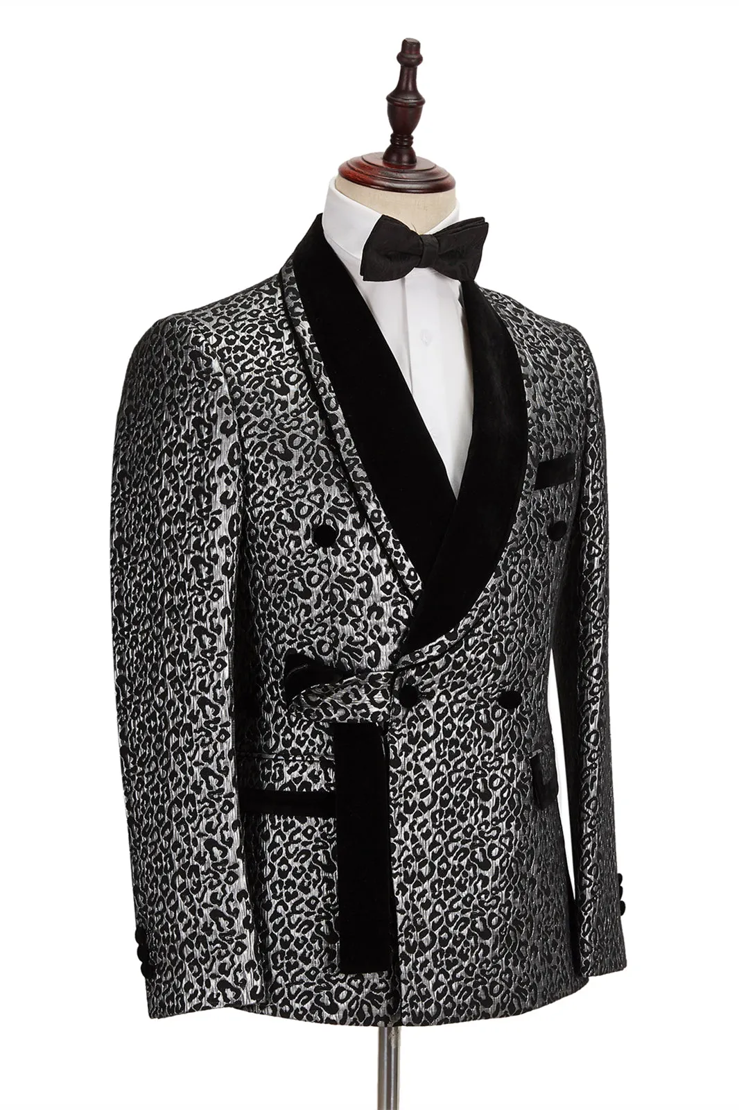 Black Stitching Silver Leopard Jacquard Men Suit Shawl Lapel Double Breasted Wedding Suit for Formal