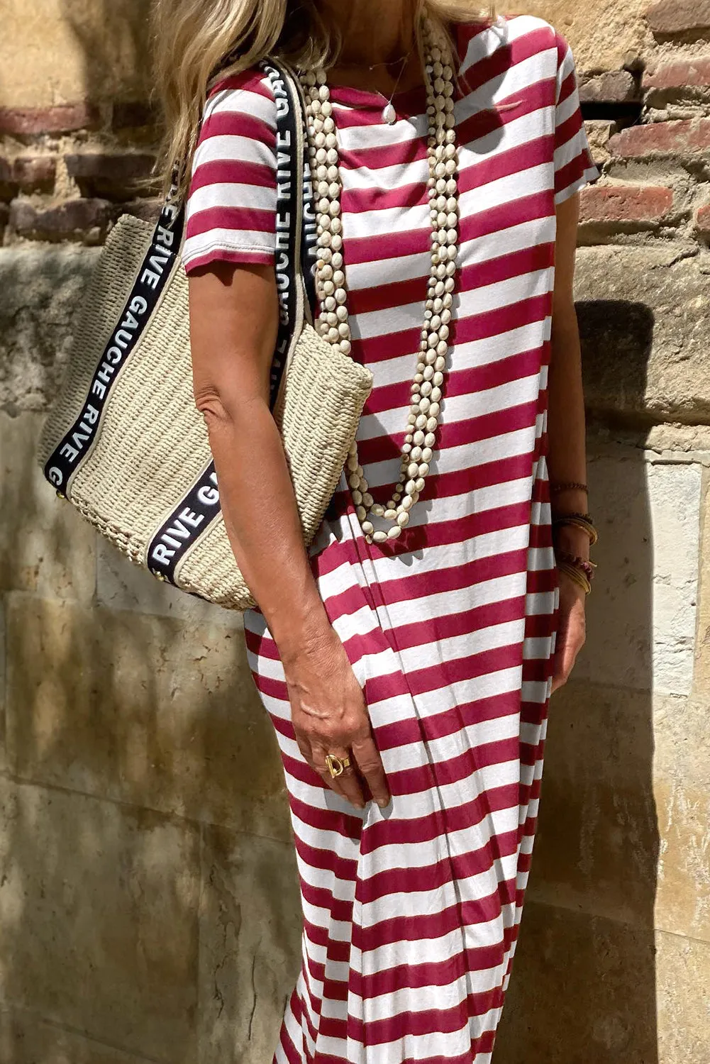 Black Stripe Casual Round Neck T-shirt Maxi Dress with Pockets