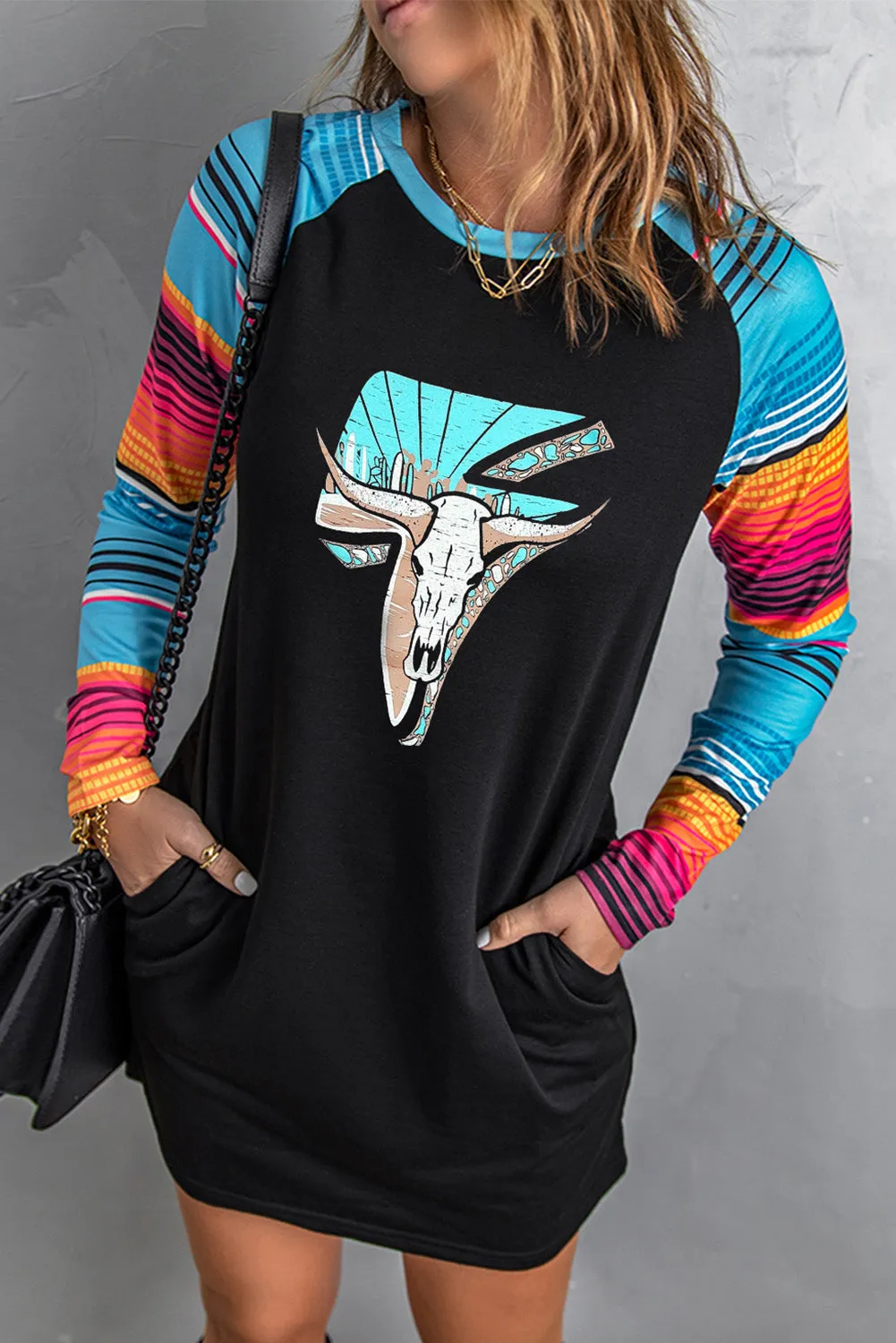 Black Western Graphic Print Striped Long Sleeve Shift Mini Dress