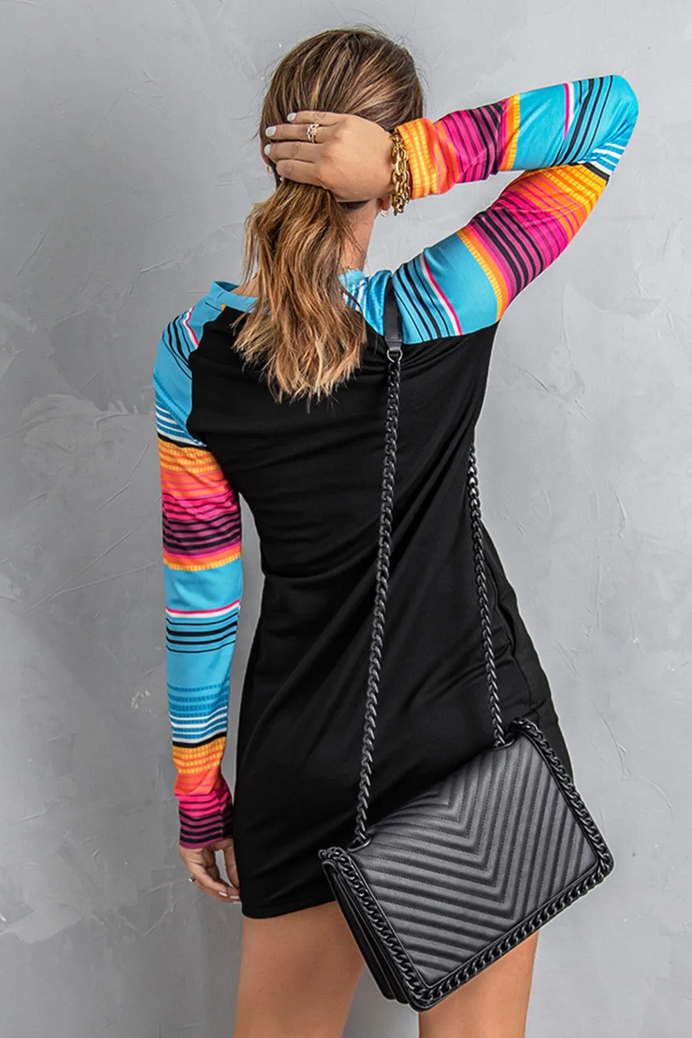 Black Western Graphic Print Striped Long Sleeve Shift Mini Dress