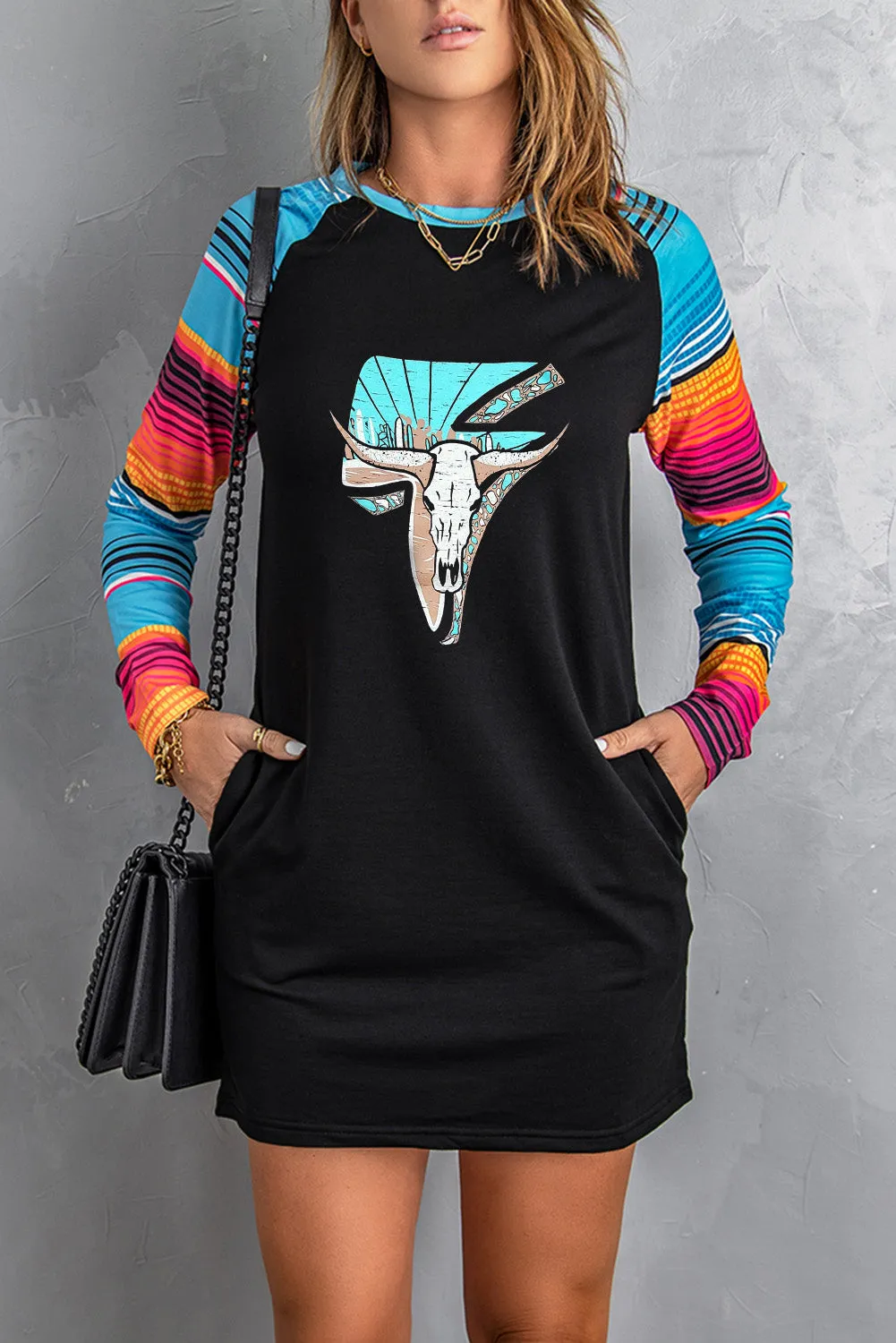 Black Western Graphic Print Striped Long Sleeve Shift Mini Dress