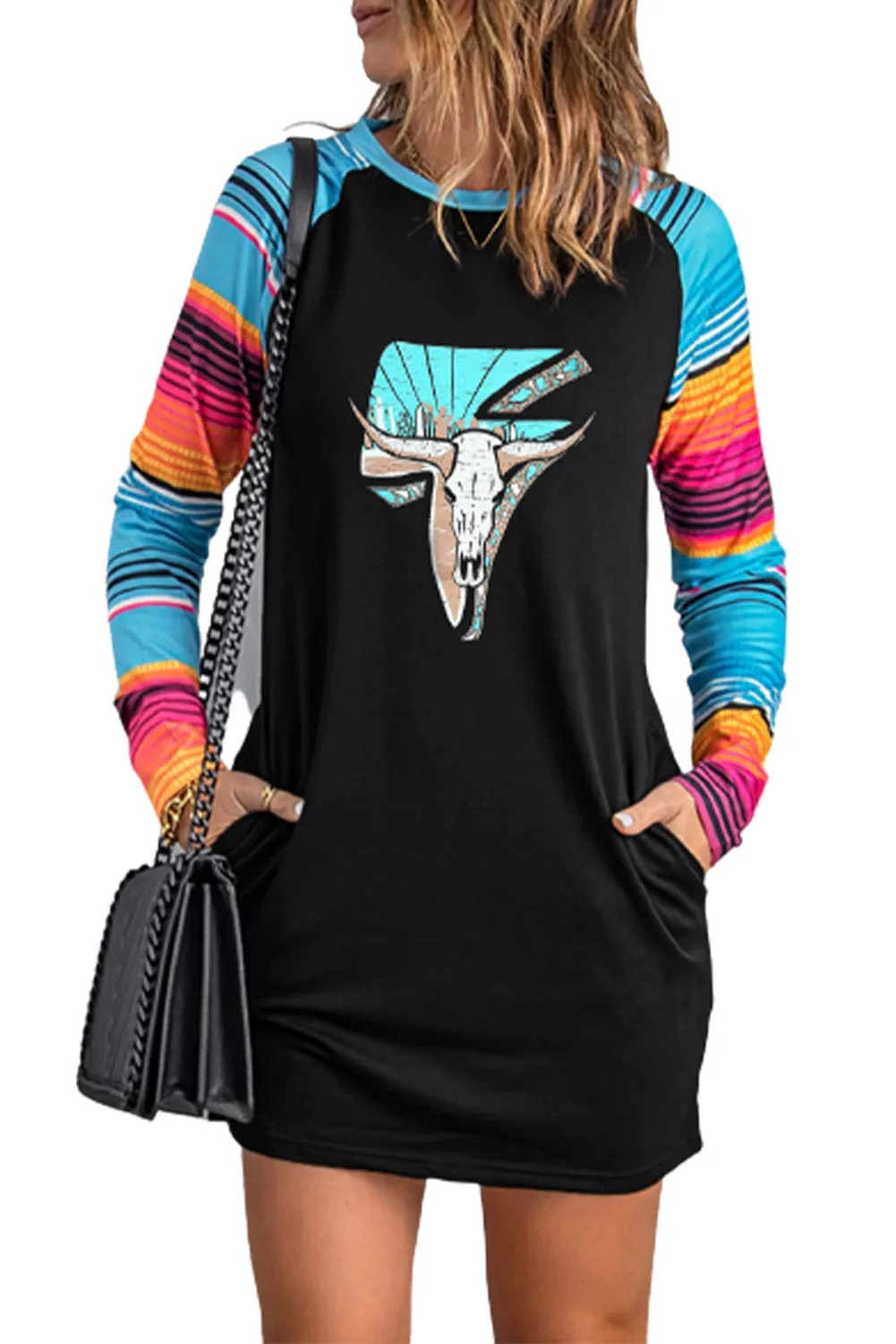 Black Western Graphic Print Striped Long Sleeve Shift Mini Dress