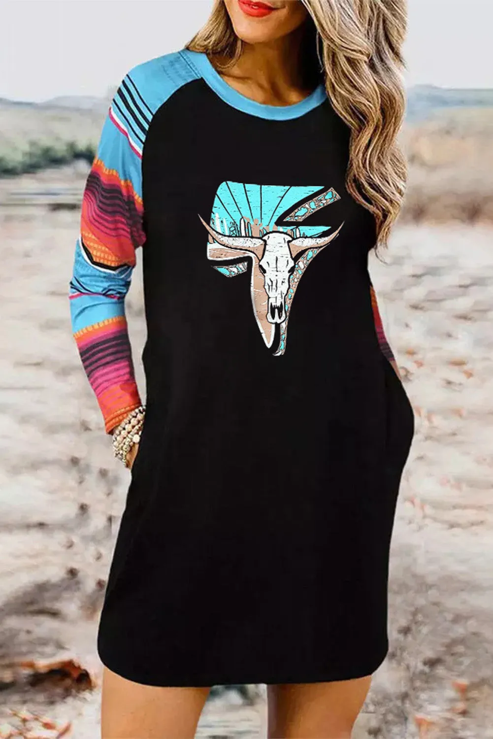 Black Western Graphic Print Striped Long Sleeve Shift Mini Dress