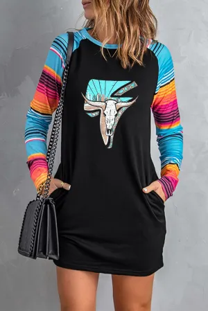 Black Western Graphic Print Striped Long Sleeve Shift Mini Dress