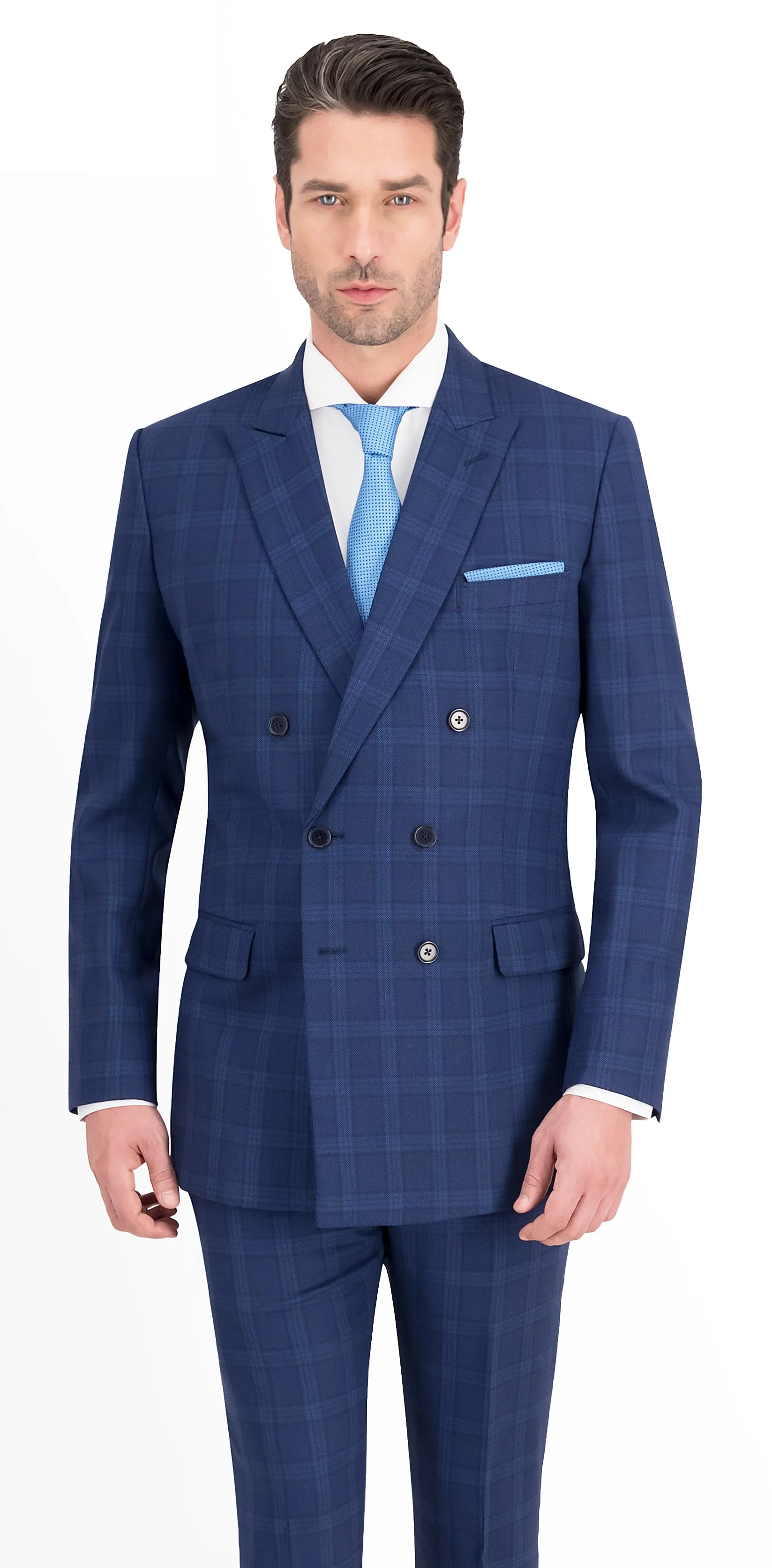 Blue Birdseye Check Windowpane Long Double Breast Suit