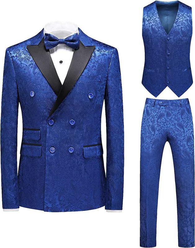 Blue Jacquard Double Breasted Three Pieces Prom Suits Regular Fit Wedding Groom Tuxedos