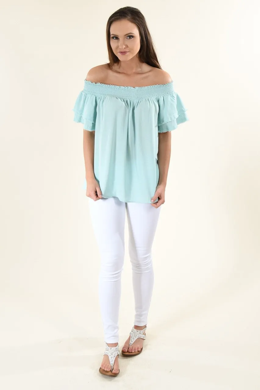 Blue Off The Shoulder Ruffle Top