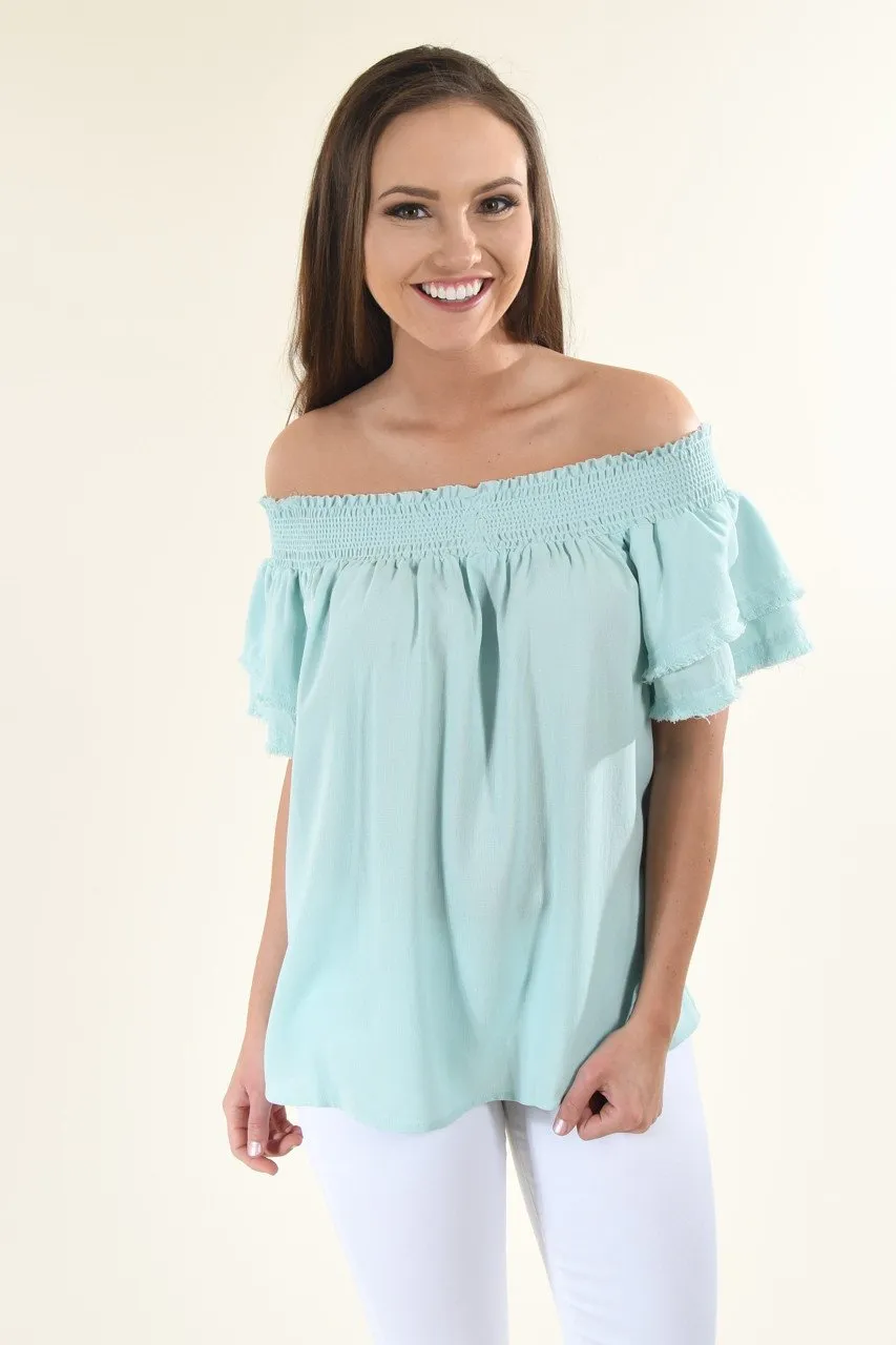 Blue Off The Shoulder Ruffle Top