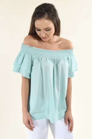 Blue Off The Shoulder Ruffle Top