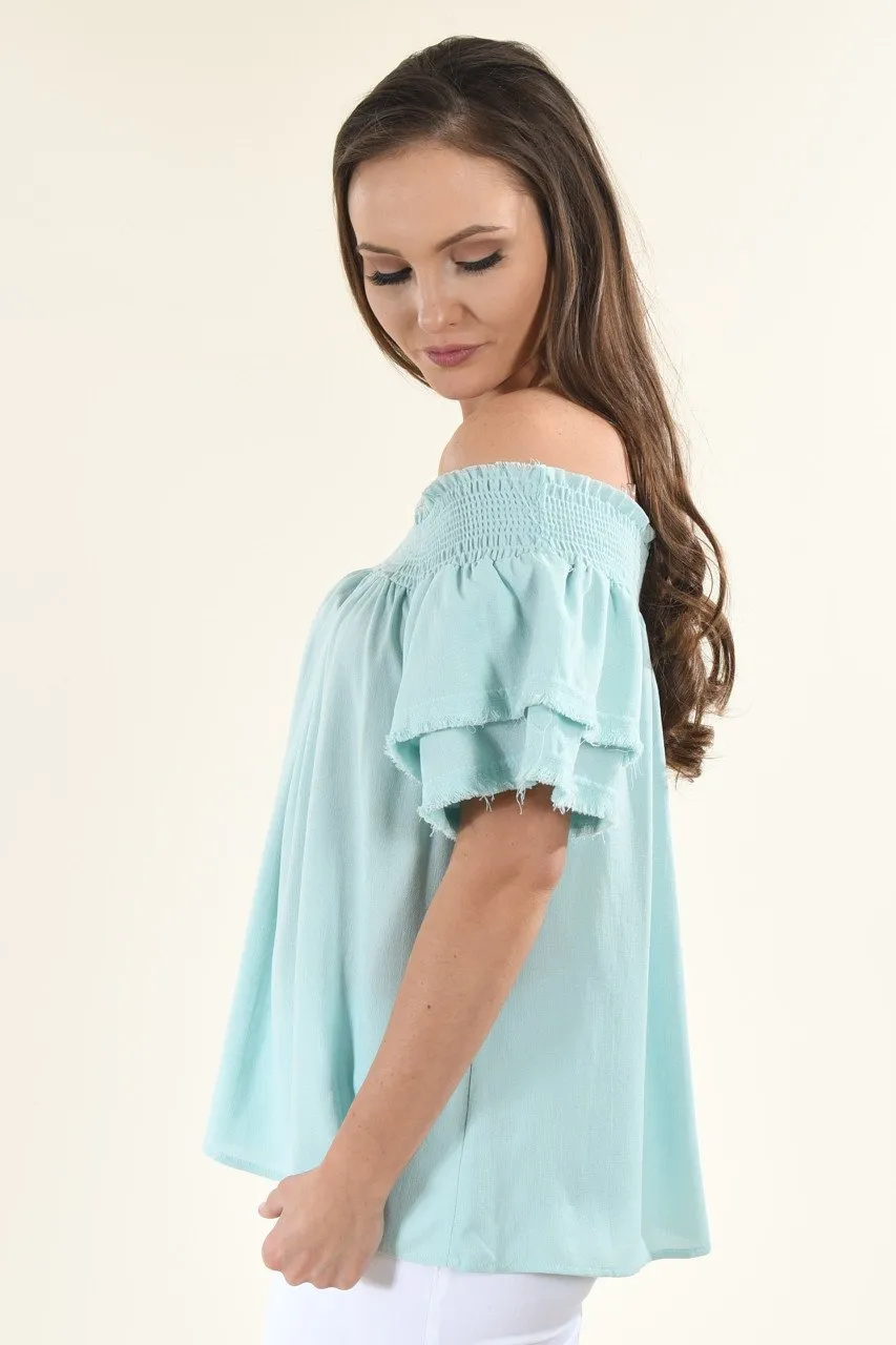 Blue Off The Shoulder Ruffle Top