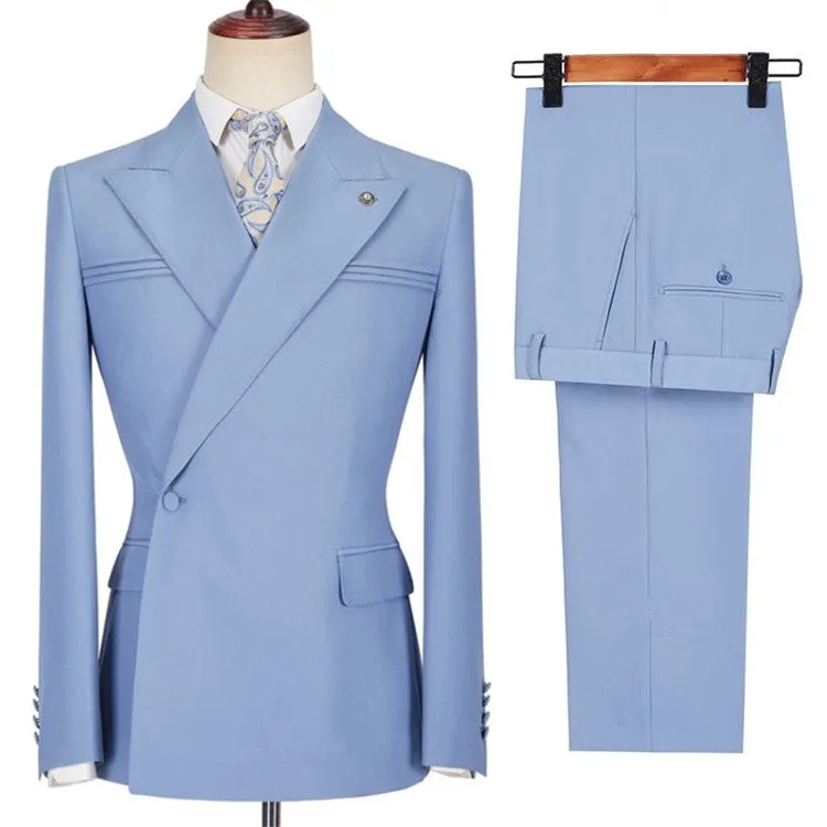 Blue Slim Fit Peaked Lapel Ruffles Designer Men's Prom Suits