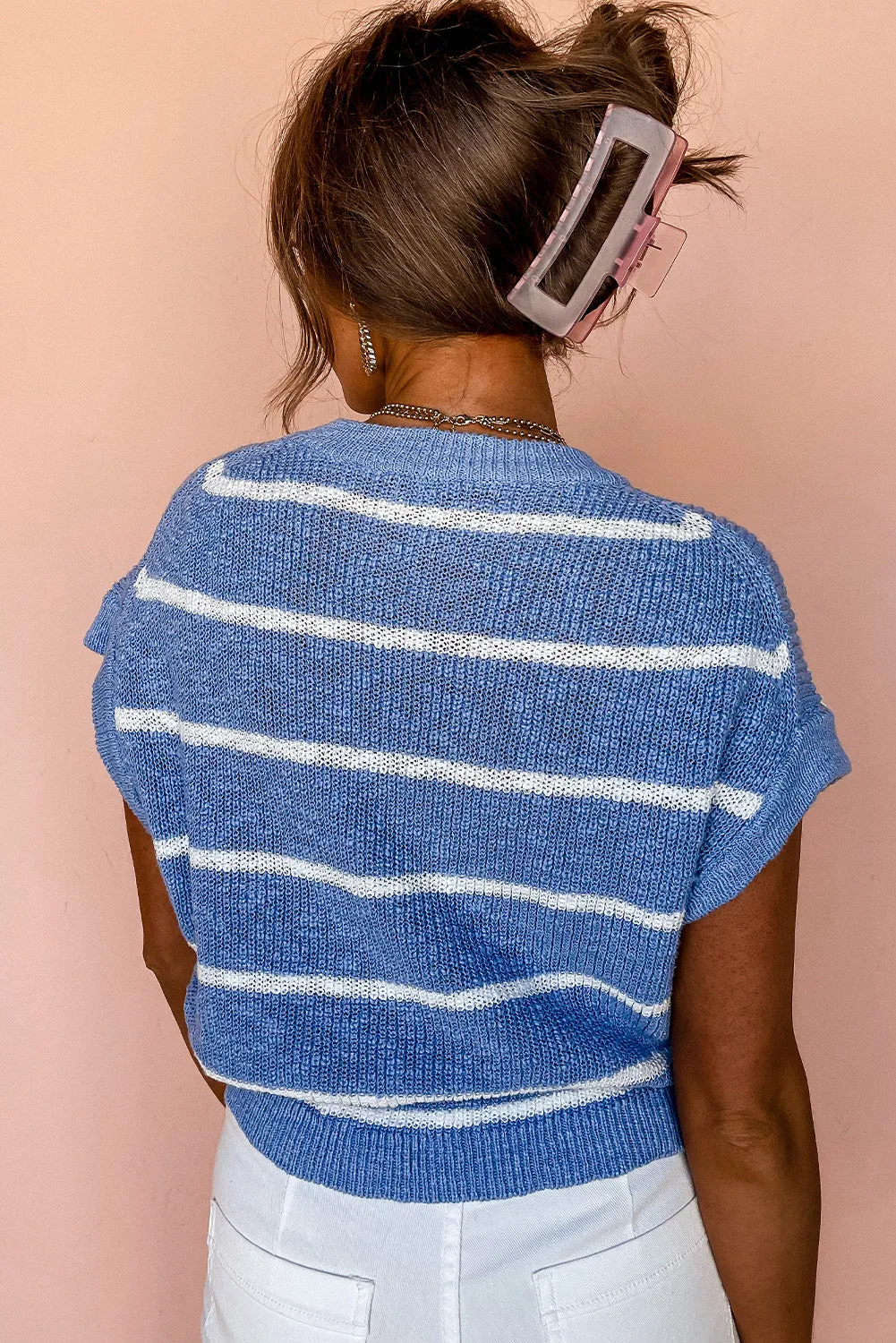 Blue Stripe Round Neck Knitted Batwing Sleeve Top