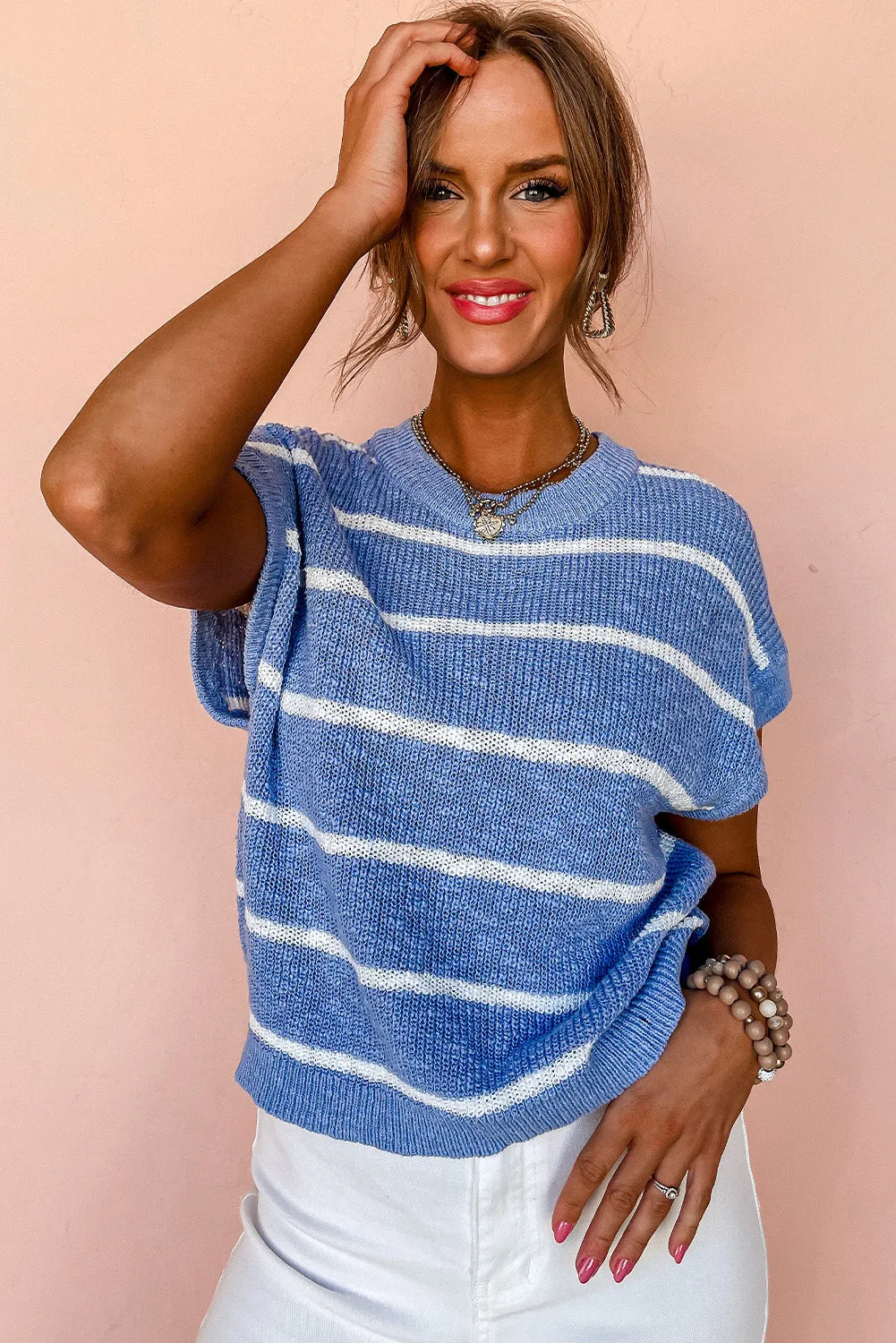 Blue Stripe Round Neck Knitted Batwing Sleeve Top