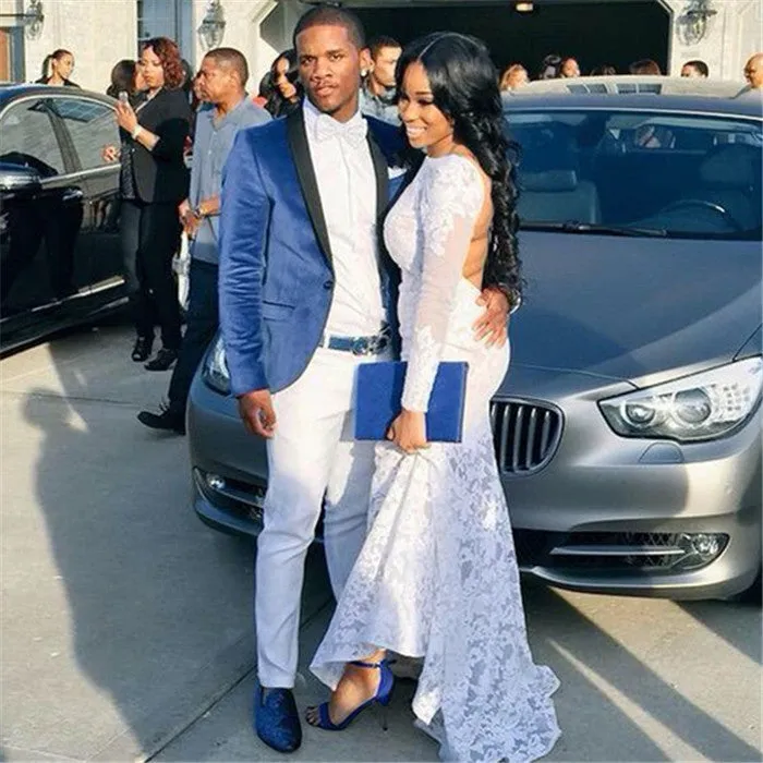 Blue Velvet Prom Suits Slim Fit Men Suit with One Button
