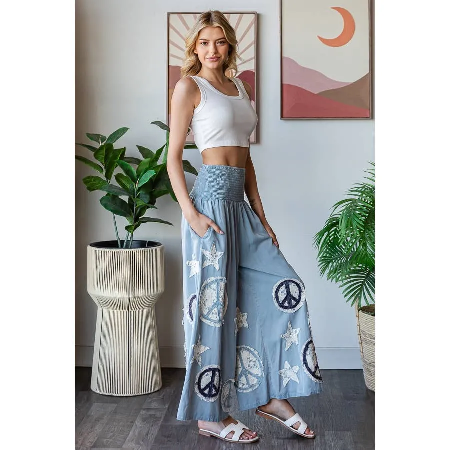 Blue Washed Smocked Peace And Star Patchwork Oli Hali Pants