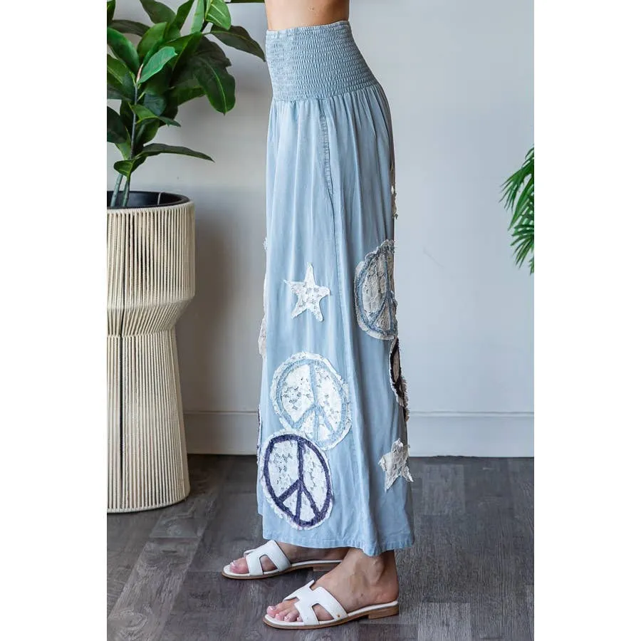 Blue Washed Smocked Peace And Star Patchwork Oli Hali Pants