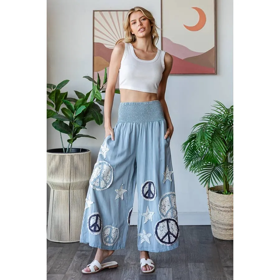 Blue Washed Smocked Peace And Star Patchwork Oli Hali Pants