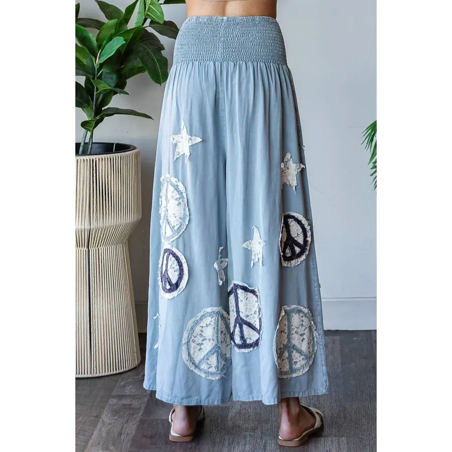 Blue Washed Smocked Peace And Star Patchwork Oli Hali Pants