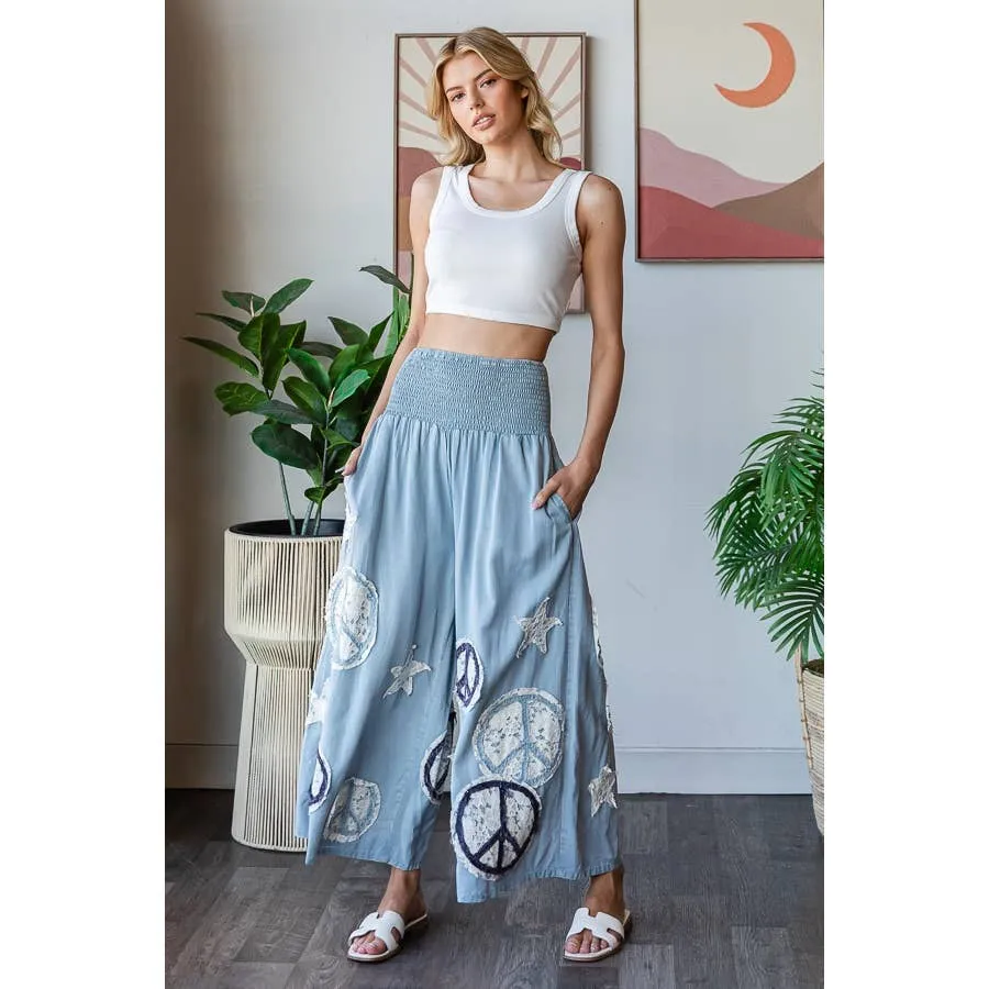 Blue Washed Smocked Peace And Star Patchwork Oli Hali Pants