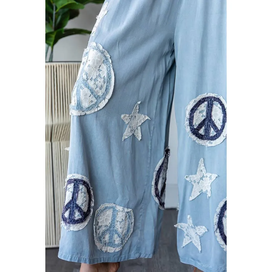 Blue Washed Smocked Peace And Star Patchwork Oli Hali Pants