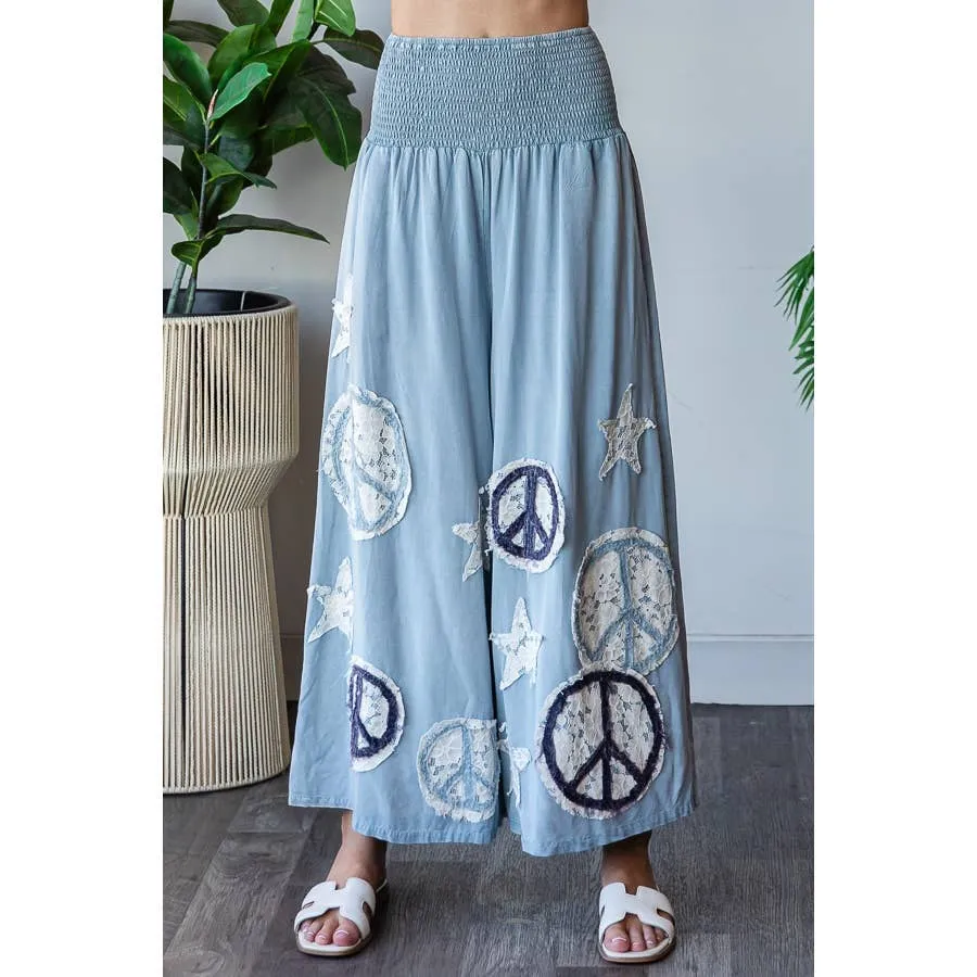 Blue Washed Smocked Peace And Star Patchwork Oli Hali Pants