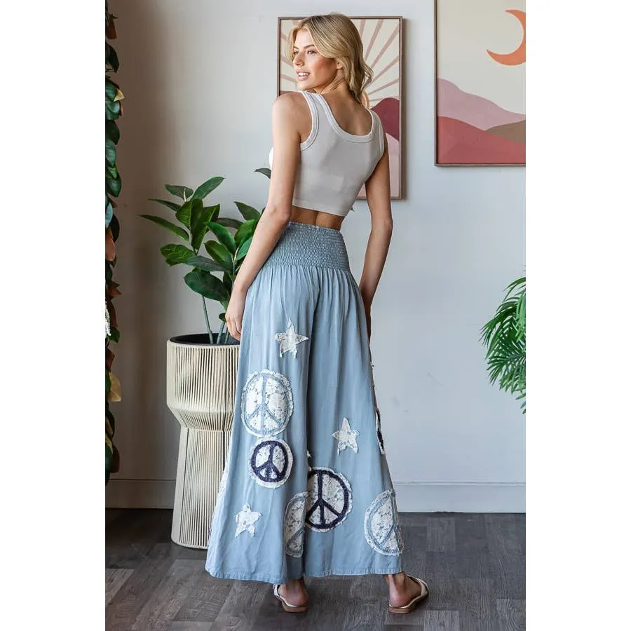 Blue Washed Smocked Peace And Star Patchwork Oli Hali Pants
