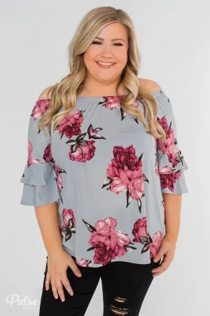 Bring on the Floral Off the Shoulder Top- Powder Blue