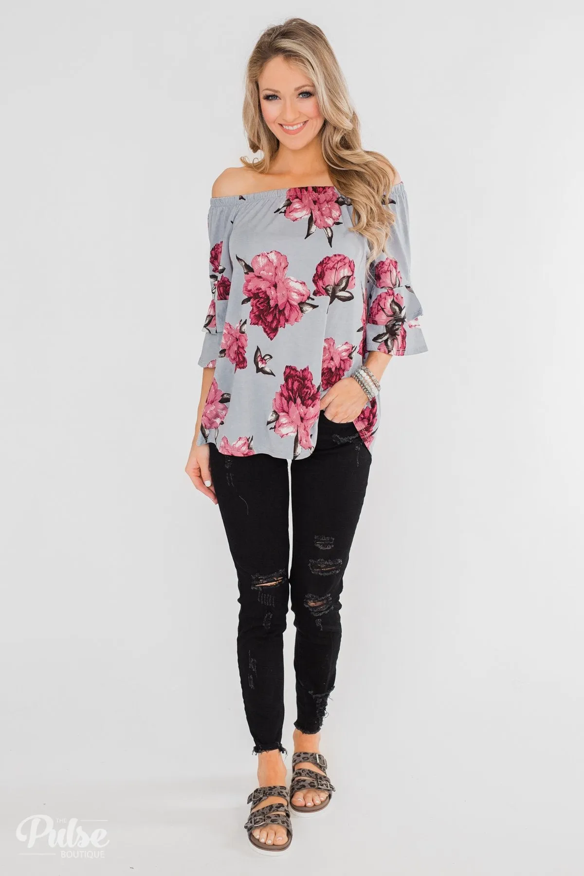 Bring on the Floral Off the Shoulder Top- Powder Blue