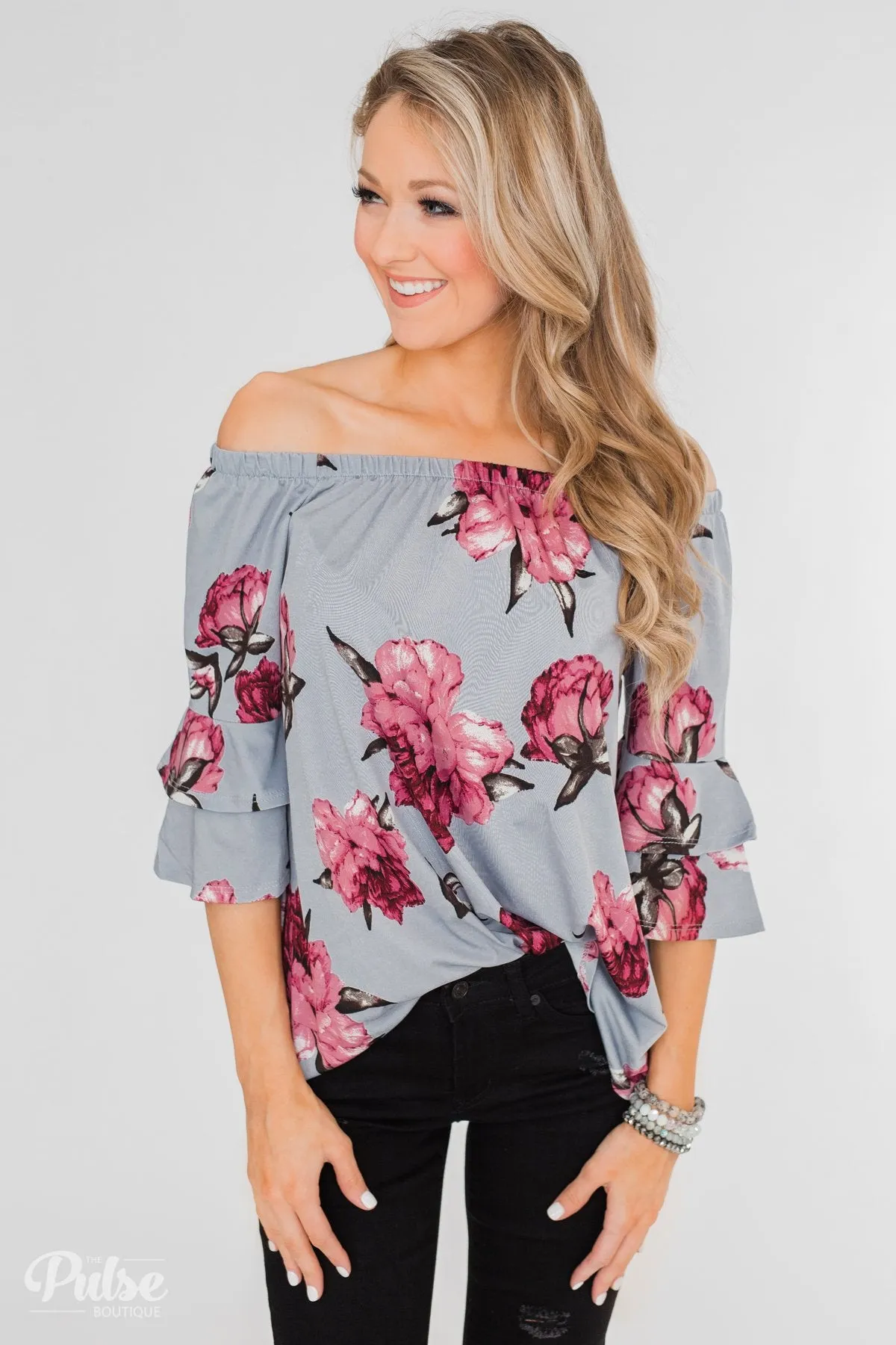Bring on the Floral Off the Shoulder Top- Powder Blue