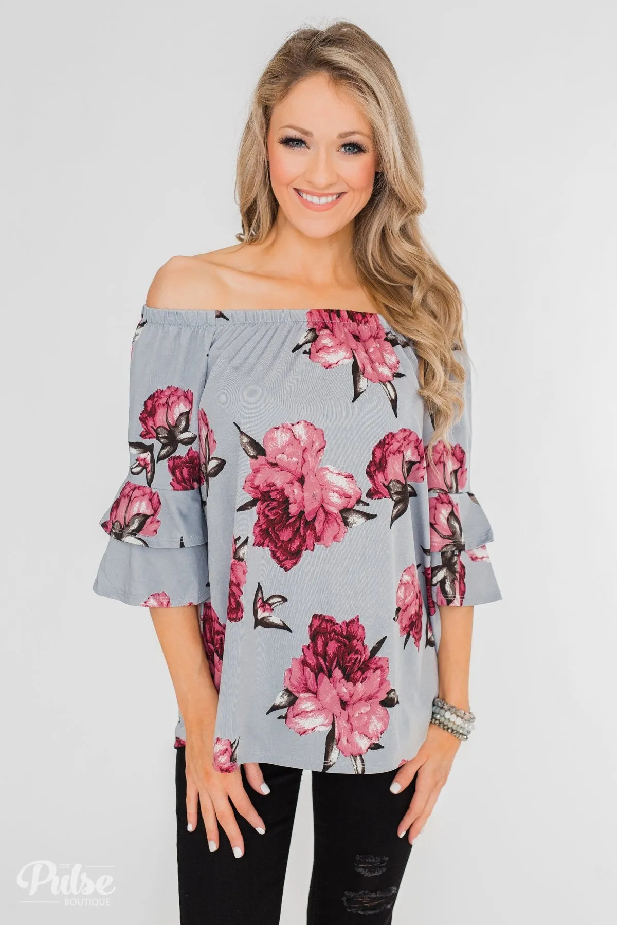 Bring on the Floral Off the Shoulder Top- Powder Blue