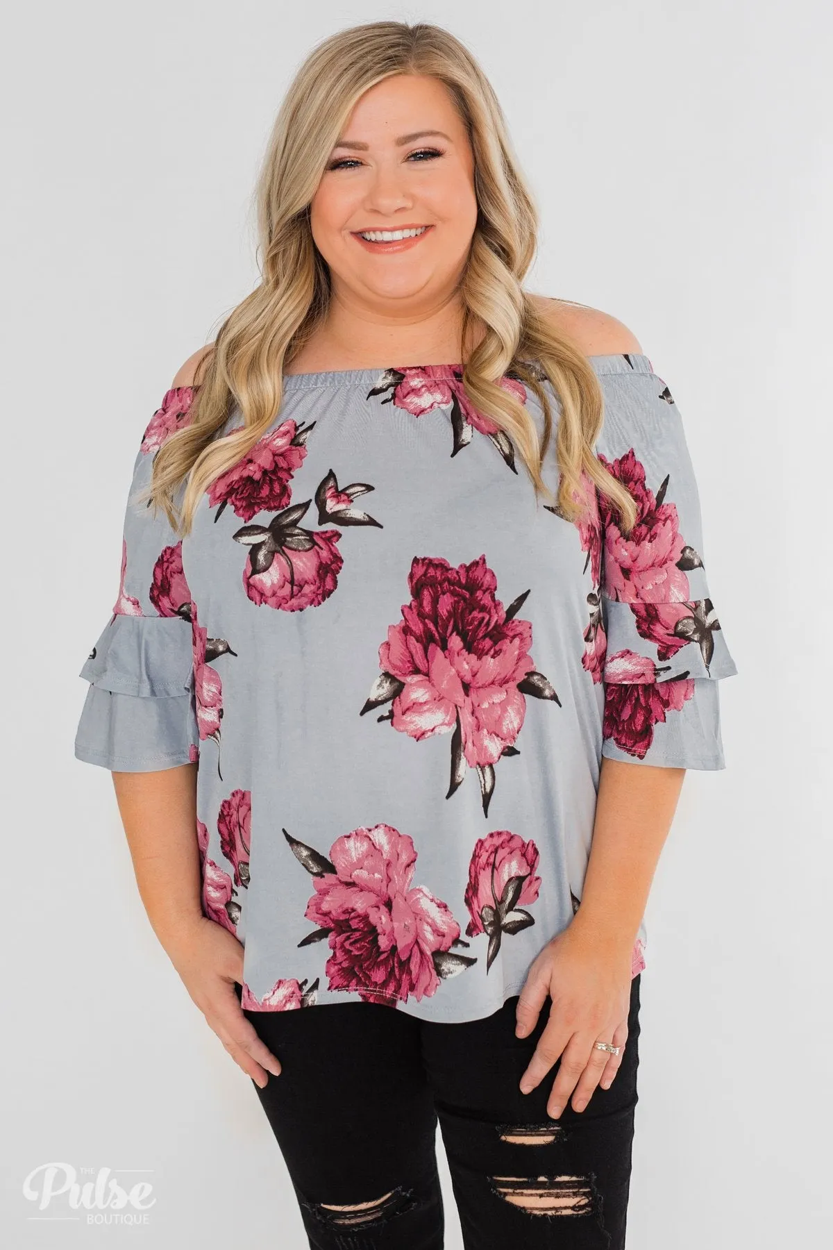 Bring on the Floral Off the Shoulder Top- Powder Blue