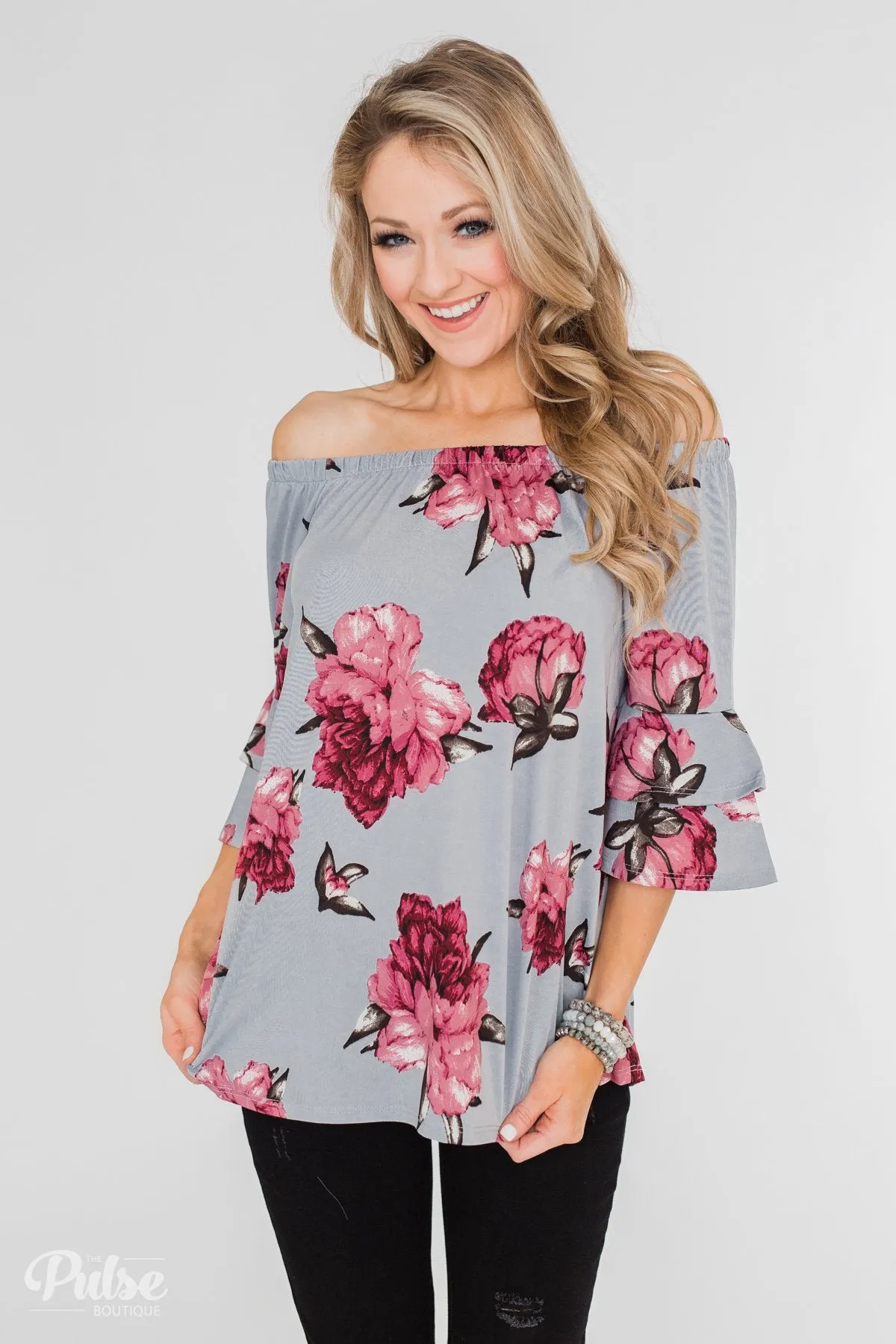 Bring on the Floral Off the Shoulder Top- Powder Blue