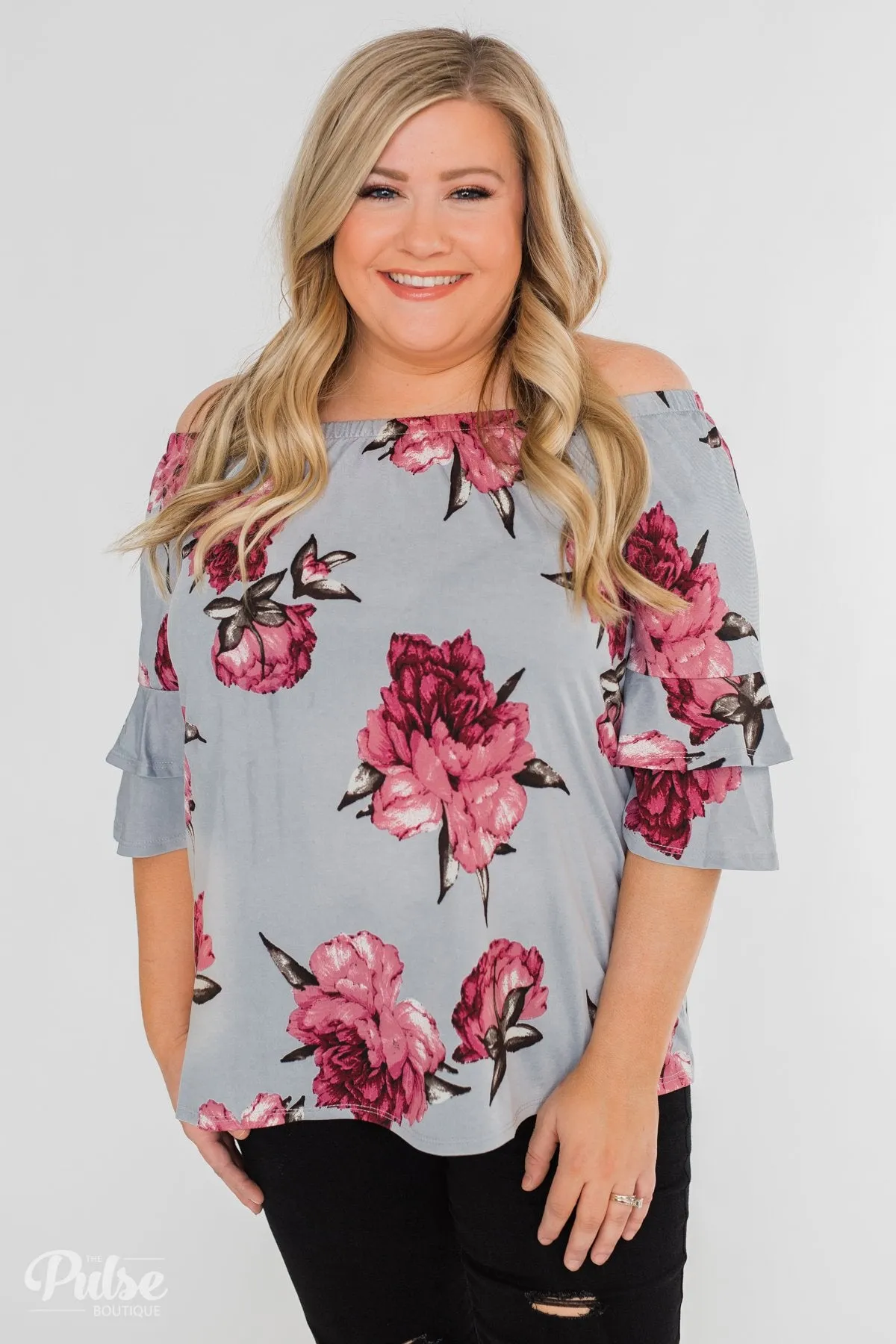 Bring on the Floral Off the Shoulder Top- Powder Blue