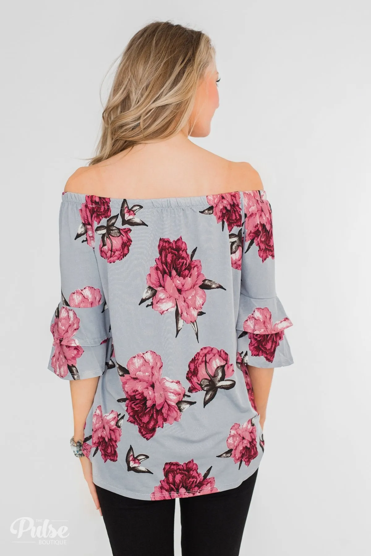 Bring on the Floral Off the Shoulder Top- Powder Blue
