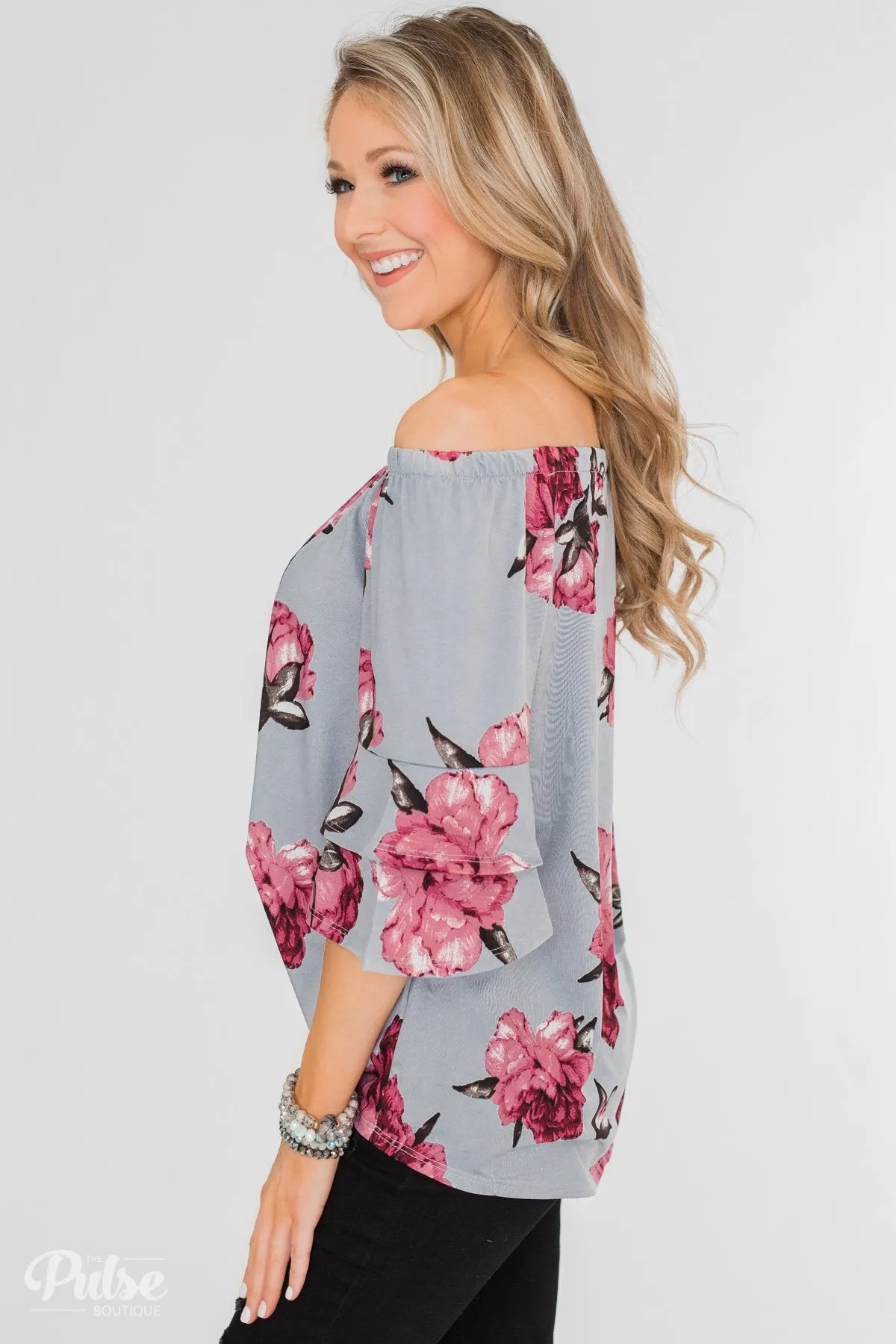 Bring on the Floral Off the Shoulder Top- Powder Blue